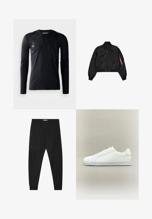 Μαύρο cropped bomber μπουφάν από σατινέ υλικό με στρογγυλή γιακά, δύο μπροστινές τσέπες και πλαϊνή τσέπη με φερμουάρ και κόκκινη ετικέτα.; Μαύρο αθλητικό μπλουζάκι με μακριά μανίκια, φτιαγμένο από λεία, ελαστική ύφανση. Διαθέτει γυαλιστερά μαύρα στοιχεία στους ώμους και λογότυπο Adidas στο στήθος.; Μαύρο αθλητικό παντελόνι από υλικό με υφή, με ρυθμιζόμενη μέση, φερμουάρ πλευρική τσέπη και στενό τελείωμα στους αστραγάλους.; Λευκό αθλητικό παπούτσι χαμηλού τύπου με κορδόνια μπροστά και υφασμένο λάστιχο στη σόλα, σε ουδέτερο απλό φόντο.