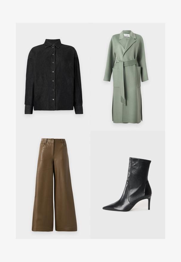 Lang uldfrakke i salviegrøn med brede revers, matchende bælte, store forlommer og slidser i siderne.; CLOSED CAPE SHIRT - Skjortebluser - mid grey; Breddebenede bukser lavet af glat, brun kunstlæder. Har højt talje, fire lommer og en lynlås foran. Flad tekstur og minimalistisk design.; Sorte ankelstøvler lavet af glat læder, med spids tå, tætsiddende skaft og en slank høj hæl. Minimalistisk design uden synligt hardware.
