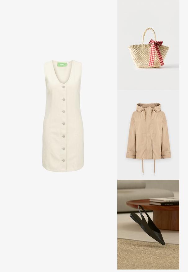 Beige gewatteerde jas met capuchon, rits aan de voorkant, verstelbare trekkoorden bij de capuchon en zoom, lange mouwen met knoopsluitingen en twee zijzakken.; Crème-kleurige denim jurk met een V-hals, mouwloos ontwerp en vijf zilveren knopen aan de voorkant. Geaccentueerd met een groen label.; Zwarte platte slingback schoen met puntige neus bij een ronde houten tafel met gestapelde boeken op een beige tapijt in een modern woonkamertje.; Gevlochten strooien tas met gevlochten handvatten en een rood-wit geruit lint dat aan één zijde in een strik is gebonden.