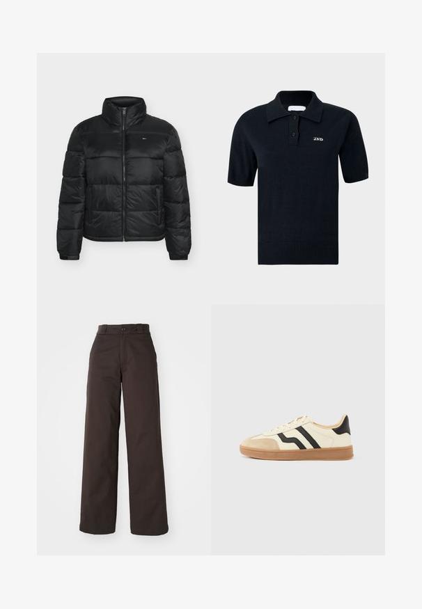 Zwarte doorgestikte donzen jas met hoge kraag, ritssluiting aan de voorkant, zijzakken en een klein logo op de linkerborst.; Zwart poloshirt met korte mouwen, gemaakt van een glad gebreide stof. Voorzien van een geribbelde kraag, twee knopen en een klein geborduurd logo met "2ND".; Bruine wijde broek met knoopsluiting en riemlussen, gemaakt van duurzame stof, met een gladde textuur en strakke lijnen.; Vetersneakers met een crèmekleurig bovenwerk met zwarte strepen en een suède neuskapje, gecombineerd met een bruine rubberen zool.