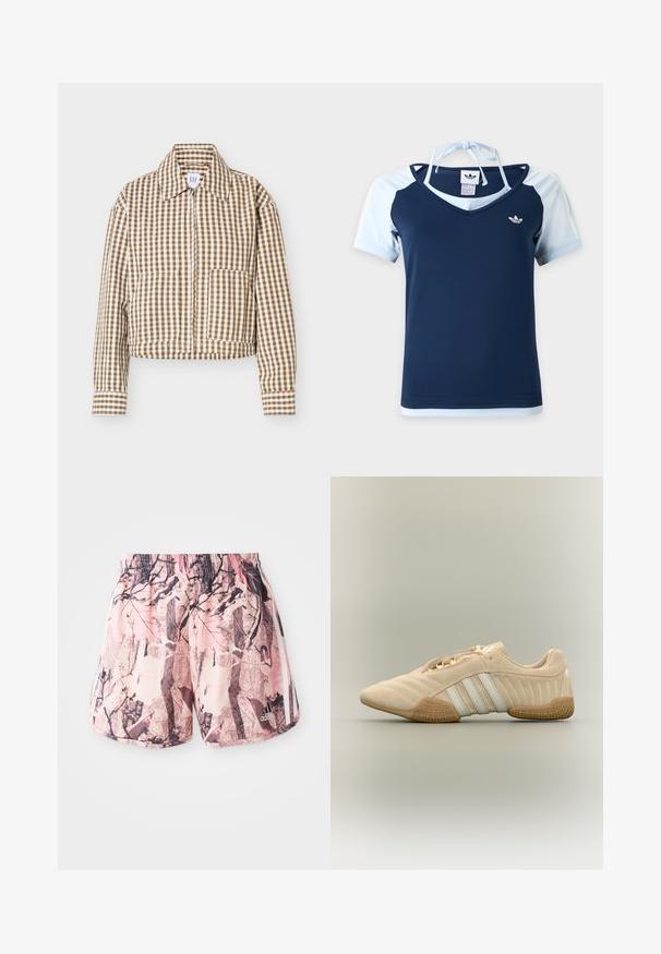 Ruskea ja valkoinen ruudullinen pitkähiha-jakku, jossa on kaulus, edessä vetoketju, kaksi etutaskua ja suorat hihansuut.; Laivastonsininen ja vaaleansininen Adidas lyhythihainen toppi, jossa on V-aukko, logo rinnassa ja niskan takaa solmittu halter-nauha.; Vaaleanpunaiset ja ruskeat kuviolliset shortsit, joissa on joustava vyötärö ja sivu raidat, sekä graafinen suunnittelu, joka muistuttaa lehvistöä ja oksia.; Beigenvärinen mokkanahkainen tennari, jossa valkoiset raidat ja kuvioitu kuminahkapohja, sivukuva neutraalilla taustalla.