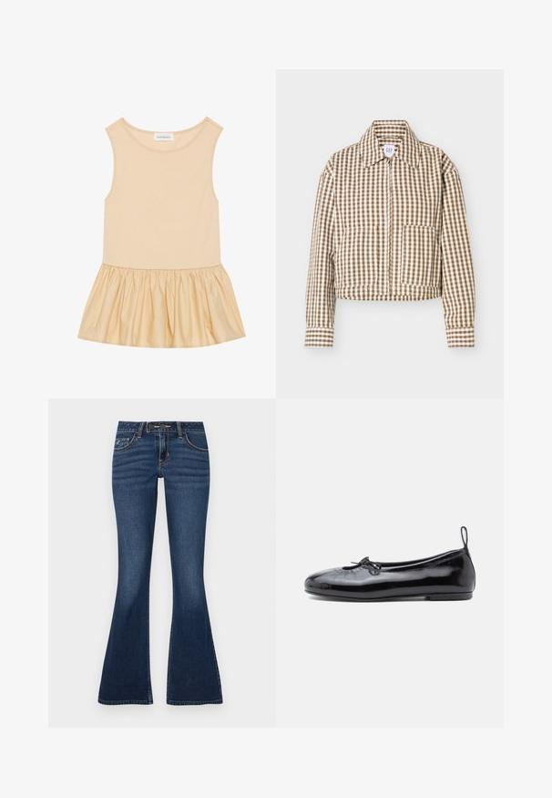 Veste à manches longues à carreaux marron et blanc avec col, fermeture éclair à l'avant, deux poches avant et poignets droits.; Haut sans manches avec une partie supérieure ajustée en maille côtelée de couleur beige clair et une jupe évasée, brillante et froncée dans une teinte assortie.; Jean évasé en denim bleu foncé, doté d'un design classique à cinq poches, de coutures contrastantes et d'une braguette zippée avec fermeture par bouton.; Ballerine en cuir verni noir avec un bout rond, un petit nœud décoratif et une texture lisse ; présente une semelle plate basse et une languette au talon.