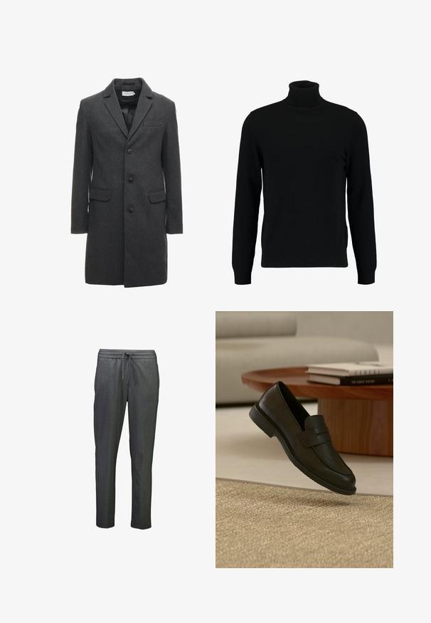 Dunkelgrauer Wollmischungsmantel mit einreihigem Design, notch-Kragen und zwei frontalen Taschen. Mit sechs Knöpfen auf der Vorderseite.; Schwarzer Rollkragenpullover aus weichem Strickmaterial. Mit langen Ärmeln, geripptem Kragen und Saum. Schlichtes, elegantes Design ohne Muster.; Graue Leggings mit schmalem Schnitt, ausgestattet mit einem elastischen Bund und einer Kordel zur Anpassung des Tragekomforts. Glatte Textur, minimales Design.; Schwarzer Lederloafer-Schuh schwebt über einem beige gewebten Teppich, mit einem Holztisch und gestapelten Büchern in einem sanft beleuchteten Wohnzimmer.