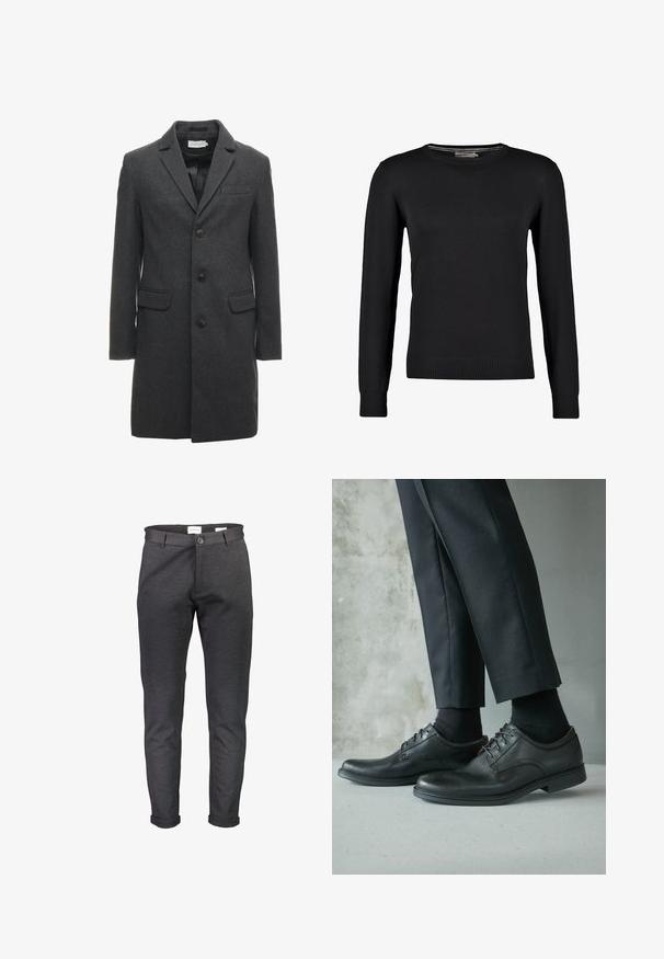 Mørkegrå uldblandet overfrakke med enkeltknapdesign, krave med spidser og to forlommer. Har seks knapper på forsiden.; Sort strikket sweater med lange ærmer, rund halsudskæring samt ribbede manchetter og bund. Glat tekstur og tætsiddende design.; Smaltsiddende, mørkegrå bukser lavet af blødt stof, med knaplukning, bæltestropper og op-rullede manchetter. Glat tekstur uden mønstre.; Sorte lædersko til kjole båret med sorte sokker og sorte skræddersyede bukser mod en grå beton og glat væg baggrund.