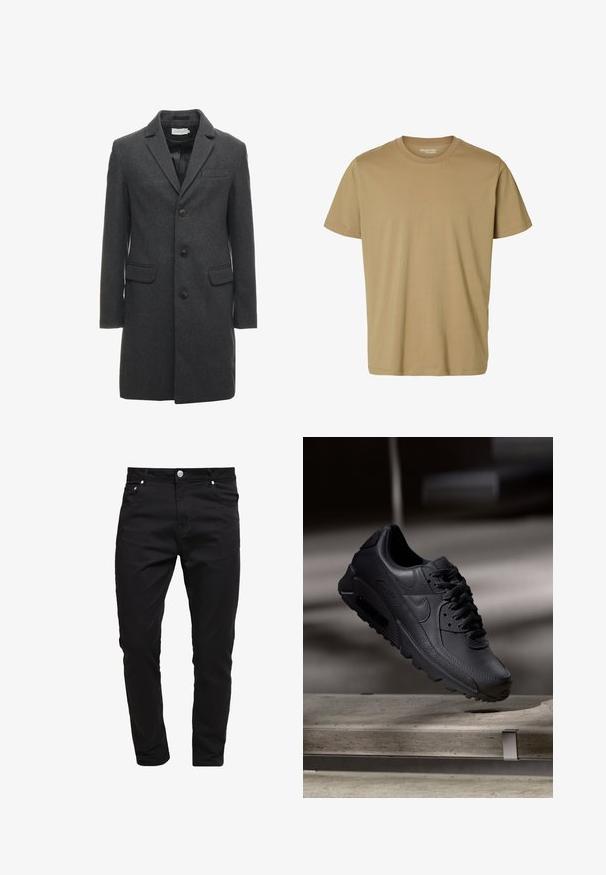 Manteau en mélange de laine gris foncé avec un design à boutonnage simple, revers crantés et deux poches à l'avant. Comprend six boutons à l'avant.; T-shirt beige uni à manches courtes et col rond, sans motifs ni logos visibles, présenté sur fond blanc.; Jean noir en tissu denim, design slim fit, style à cinq poches, fermeture à bouton métallique, avec des détails de couture et une texture lisse.; Baskets noirs Nike Air Max avec un dessus en cuir texturé, semelle en caoutchouc et un système de laçage proéminent, mettant en avant un design moderne et épuré.
