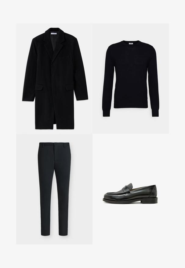 Sort uldfrakke med notched krave, struktureret design, to forlommer og enkelt knaplukning. Glat tekstur og skræddersyet pasform.; Sort langærmet sweater lavet af blødt strikket materiale. Rund halsudskæring, ribbede manchetter og kant. Minimalistisk design uden synlige mønstre eller knapper.; Sorte, tætsiddende bukser med bæltestropper, frontlynlås og uden synlige lommer, vist mod en ensfarvet hvid baggrund.; Sort læder loafers med en struktureret sort læderdetalje, rund tå og en lav blokhæl; har en dekorativ metal detalje.