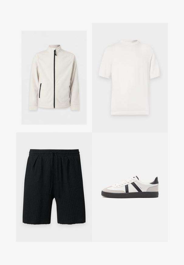 Veste polaire blanche zippée, à manches longues, col montant et deux poches latérales zippées, présentée sur un fond uni.; T-shirt en tricot blanc à manches courtes avec un col rond, présentant une texture lisse et des accents côtelés au niveau du col et de l'ourlet.; Short noir texturé avec taille élastique et cordon, muni de deux poches latérales et d'une coupe mi-cuisse.; Baskets blanches avec des accents noirs et gris, présentant un embout texturé gris, une semelle en caoutchouc noir et des lacets plats blancs. Design épuré, style minimaliste.