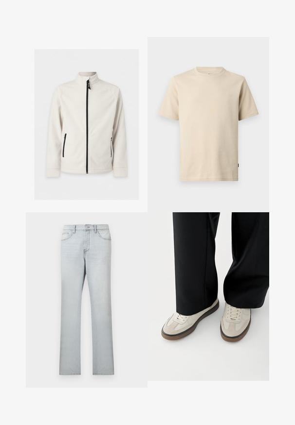 Wit fleecejack met rits, lange mouwen, een hoge kraag en twee zijzakken met rits, weergegeven tegen een effen achtergrond.; Beige katoenen T-shirt met korte mouwen en een ronde hals, voorzien van minimale stiksels en een klein tonale logo op de linkerborst.; Lichtgewassen rechte jeans met knopen aan de voorkant, rits en vijfzakkenontwerp tegen een effen achtergrond.; Voeten met beige sneakers met bruine zolen en zwarte wijde broekspijpen op een witte achtergrond.