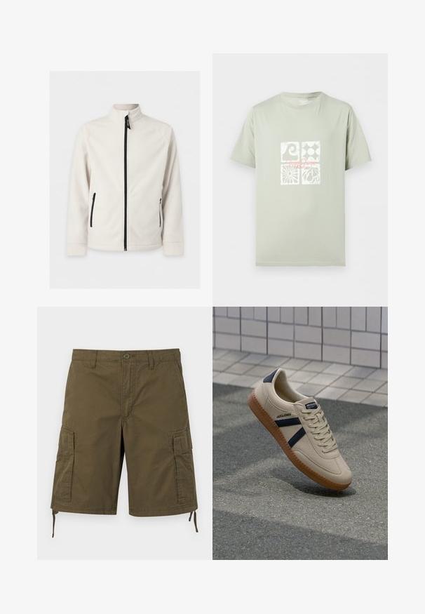 Veste polaire blanche zippée, à manches longues, col montant et deux poches latérales zippées, présentée sur un fond uni.; T-shirt vert clair à manches courtes avec quatre carrés graphiques blancs et texte rose en écriture cursive centré sur la poitrine.; Short cargo kaki avec poches latérales à rabat, fermeture à boutons à l'avant, passants pour ceinture et cordons réglables à l'ourlet.; Baskets beiges avec une finition texturée, bandes navy et semelle en caoutchouc. Équipées d'une languette rembourrée et d'un système de laçage traditionnel pour un maintien sécurisé.
