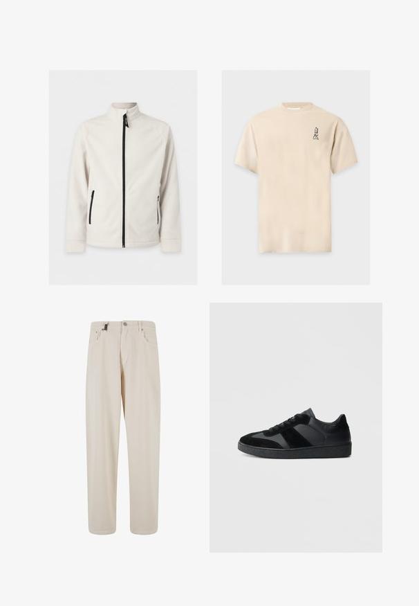 Hvid fleecejakke med lynlås, lange ærmer, høj krave og to lynlåslommer i siderne, vist mod en ensfarvet baggrund.; Beige kortærmet T-shirt med rund hals og små sorte japanske tegn trykt på øverste venstre bryst.; Beige bomuldsbukser med lige ben, der har forlommer og knaplukning. Glat tekstur med minimal detaljering.; Sorte sneakers med en kombination af glat læder og ruskind, med en tekstureret sort gummisål og subtil stripingdetalje.