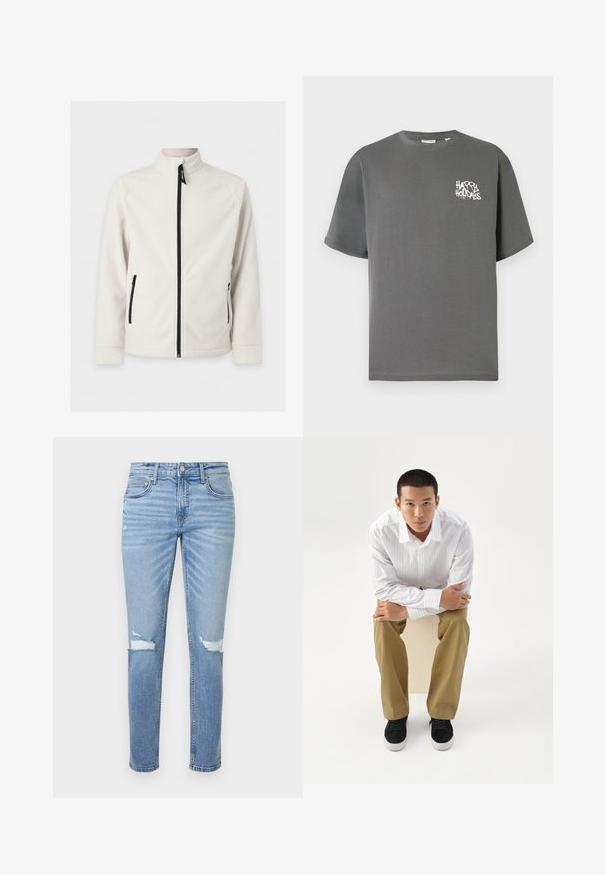 Λευκό fleece μπουφάν με φερμουάρ, μακριά μανίκια, ψηλός γιακάς και δύο πλαϊνές τσέπες με φερμουάρ, παρουσιασμένο σε απλό φόντο.; Γκρι βαμβακερό μπλουζάκι με κοντά μανίκια και στρογγυλή λαιμόκοψη, με λευκό κείμενο "HAPPY HOLIDAYS" σε γραμματοσειρά graffiti στο μπροστινό μέρος.; Φως γαλάζια στενή τζιν παντελόνια με φθαρμένες περιοχές και στα δύο γόνατα, κούμπωμα μπροστά με κουμπιά και σχεδιασμό με πέντε τσέπες.; Νέος άνδρας με λευκό πουκάμισο με ρίγες και χακί παντελόνι κάθεται μπροστά σε ένα σκαμπό με σταυρωμένα χέρια, κοιτάζοντας ευθεία μπροστά σε λευκό φόντο.