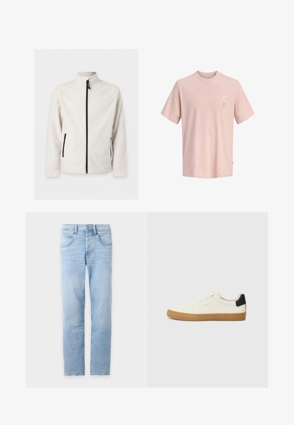 Veste polaire blanche zippée, à manches longues, col montant et deux poches latérales zippées, présentée sur un fond uni.; T-shirt en coton rose pâle à manches courtes avec une petite fleur blanche et le texte "SUN IS HERE" en haut à gauche de la poitrine.; Jean denim bleu clair à jambes droites avec poches avant, passants de ceinture et fermeture à boutons sur fond blanc.; Sneaker en toile blanche avec une semelle en gomme, accent au talon noir, bout rond et design à lacets. Présente le logo de la marque en doré sur le côté.