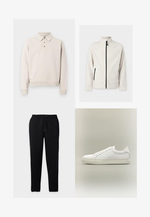 Veste polaire blanche zippée, à manches longues, col montant et deux poches latérales zippées, présentée sur un fond uni.; Polo beige à manches longues avec trois boutons, poignets et ourlet côtelés, et petite écusson logo sur la poitrine à gauche.; Pantalon de survêtement noir avec taille élastique et cordon, jambes fuselées et poignets élastiques aux chevilles sur un fond uni.; Baskets blanches basses à lacets sur l’avant et semelle épaisse, vues de côté sur un fond neutre.