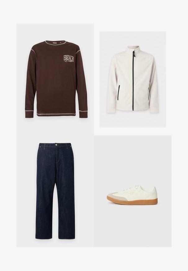 Λευκό fleece μπουφάν με φερμουάρ, μακριά μανίκια, ψηλός γιακάς και δύο πλαϊνές τσέπες με φερμουάρ, παρουσιασμένο σε απλό φόντο.; Καφέ μακρυμάνικη μπλούζα με στρογγυλή λαιμόκοψη, με λευκές ραφές σε αντίθεση και το γράφημα "FRENCH DINER" στο αριστερό στήθος.; Σκούρο μπλε τζιν με ίσια γραμμή και κανονικό μήκος, με μπροστινό κουμπί, φερμουάρ, θηλιές για ζώνη και τσέπες, παρουσιασμένο σε απλό φόντο.; Αθλητικά παπούτσια από λευκό δέρμα με μπεζ κάλυμμα δαχτύλων και ανοιχτό καφέ καουτσούκ σόλα. Έχουν επίπεδες λευκές κορδόνες και ανάγλυφο λογότυπο στο πλάι.
