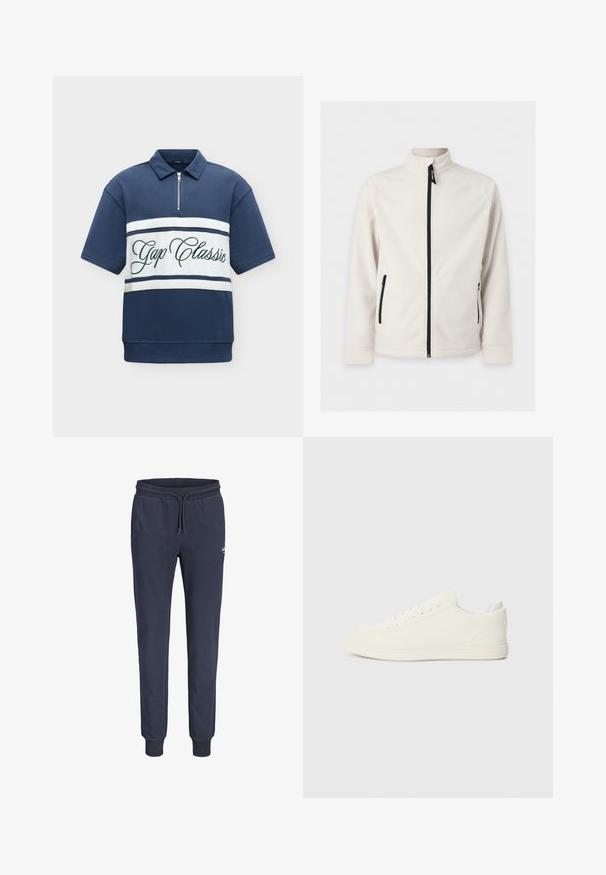 Veste polaire blanche zippée, à manches longues, col montant et deux poches latérales zippées, présentée sur un fond uni.; Polo bleu marine à manches courtes avec des rayures horizontales blanches et un texte vert "Gap Classic" sur la poitrine, avec un col à fermeture éclair partielle.; Pantalon de jogging bleu marine avec taille élastique et cordon de serrage, poignets côtelés, et petit logo blanc sur la partie supérieure de la cuisse gauche.; Baskets blanches avec une tige à texture lisse, bout arrondi et laçage traditionnel, arborant un design minimaliste et une semelle en caoutchouc.