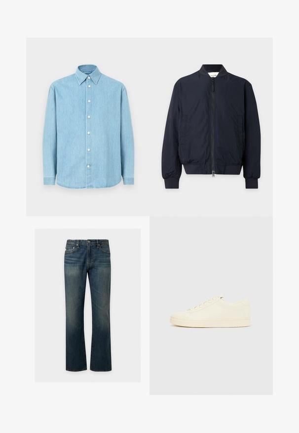 Blouson aviateur bleu marine avec fermeture éclair à l'avant, col, poignets et taille côtelés, et deux poches latérales sur un fond uni.; Chemise à manches longues en denim bleu clair avec col pointu et boutons blancs, présentée sur fond uni.; Jean en denim bleu à coupe droite avec cinq poches et des détails subtilement délavés sur les cuisses et les genoux, présenté sur un fond uni.; Baskets couleur crème avec une tige en cuir lisse, bout arrondi, laçage à l'avant et semelle en caoutchouc texturée. Design minimaliste, sans logo.