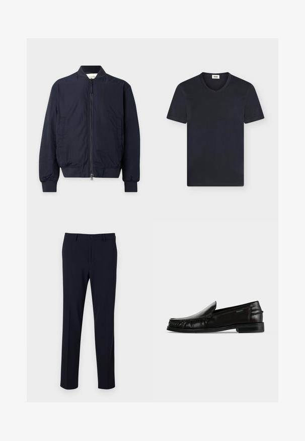Cazadora bomber azul marino con cremallera frontal, cuello, puños y cintura acanalados, y dos bolsillos laterales sobre fondo liso.; Camiseta negra de manga corta con cuello en V y etiqueta blanca en el interior del cuello sobre un fondo claro.; Pantalones de color azul marino con una textura suave, diseño de pierna recta, cierre de botón y bolsillos frontales; diseñados para un ajuste a medida.; Mocasín de cuero negro sin cordones con detalle trenzado a lo largo de los lados y tacón bajo sobre un fondo blanco liso.