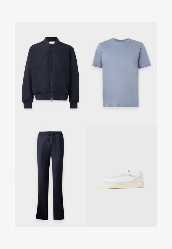 Blouson aviateur bleu marine avec fermeture éclair à l'avant, col, poignets et taille côtelés, et deux poches latérales sur un fond uni.; T-shirt bleu clair en coton à manches courtes et col rond avec un design simple et une étiquette de marque visible à l'intérieur du col.; Pantalons larges marine en tissu doux avec une taille élastique et un cordon de serrage. Présentent une texture lisse et sans motifs visibles.; Baskets blanches avec dessus en daim et cuir texturé. Caractérisées par un bout arrondi, une fermeture à lacets et une semelle en caoutchouc beige contrastante.