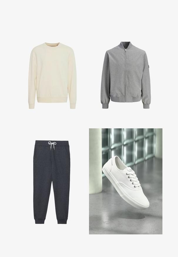 Lysegrå bomberjakke med lynlåslukning foran, ribbet krave, manchetter og kant, vist på en hvid baggrund.; Lys beige sweatshirt, rund hals, lange ærmer, blød stof, ribbede manchetter og kant, sidesplitter for lettere bevægelse, minimalistisk design.; Mørkegrå sweatpants lavet af blødt materiale, med elastisk talje og hvid snor, forlommer og ribbede manchetter.; Hvid lavtop lærredssneaker med snørebånd, mærket Tommy Hilfiger, vist svævende over en glat grå gulv nær en væg af glasblokke.