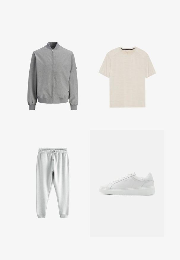 Veste bomber gris clair avec fermeture éclair à l'avant, col, poignets et ourlet côtelés, présentée sur un fond blanc.; T-shirt beige clair à manches courtes en tissu texturé, avec un col rond et des manches raglan. Motif de fines rayures horizontales.; Pantalon de survêtement gris avec une taille élastique à cordon, deux poches latérales et des chevilles ajustées, fabriqué à partir d'un tissu doux et texturé.; Baskets blanches en cuir avec une texture lisse, bout rond, design bas et branding subtil sur le côté. Collier rembourré et lacets.