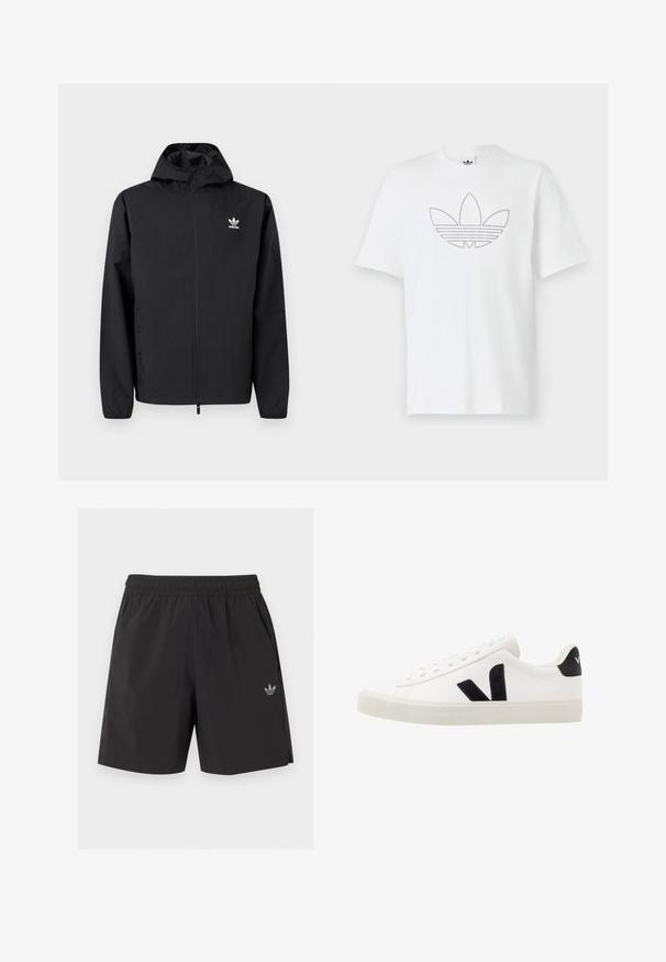 Veste à capuche noire Adidas zippée avec manches longues et logo sur le côté gauche de la poitrine, présentée sur un fond clair uni.; T-shirt en coton blanc avec un contour noir en pointillés d'un logo en trèfle sur le devant. Manches courtes et col rond.; Short de sport noir à taille élastique avec poches latérales et petit logo Adidas sur la jambe gauche.; Sneaker blanche en cuir avec des accents en daim noir ; dispose d'une semelle en caoutchouc, d'un bout rond et d'un design classique à lacets. Logo latéral en noir.