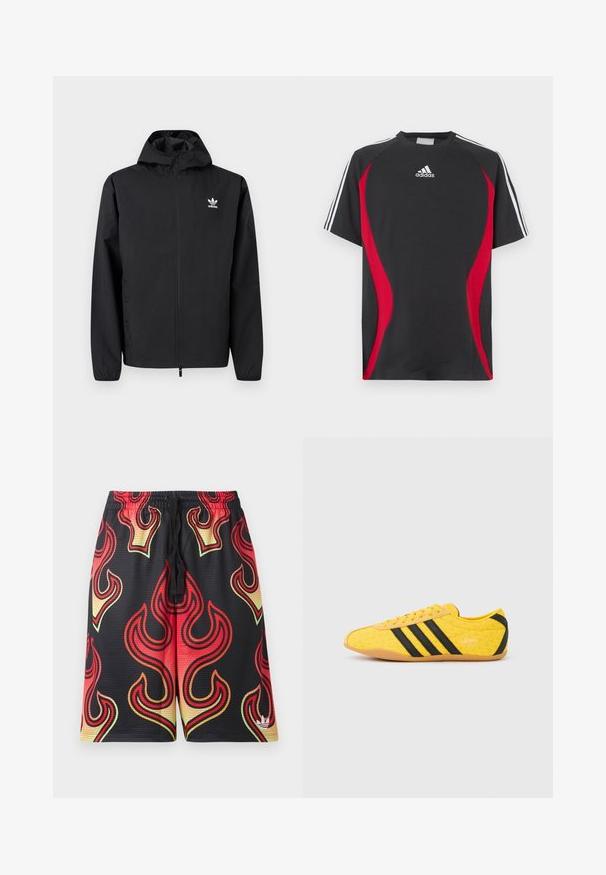 Veste à capuche noire Adidas zippée avec manches longues et logo sur le côté gauche de la poitrine, présentée sur un fond clair uni.; T-shirt noir à manches courtes avec accents rouges sur les côtés, logo Adidas blanc sur la poitrine et bandes blanches sur les épaules. Confectionné dans un tissu lisse.; Shorts en mesh noir avec des motifs de flammes rouges, orange et jaunes et un petit logo blanc près de l'ourlet inférieur sur la jambe droite.; Chaussure de sport jaune avec une tige texturée, présentant des rayures et un logo noirs. Bout arrondi, semelle souple et motif en zigzag sur le matériau.