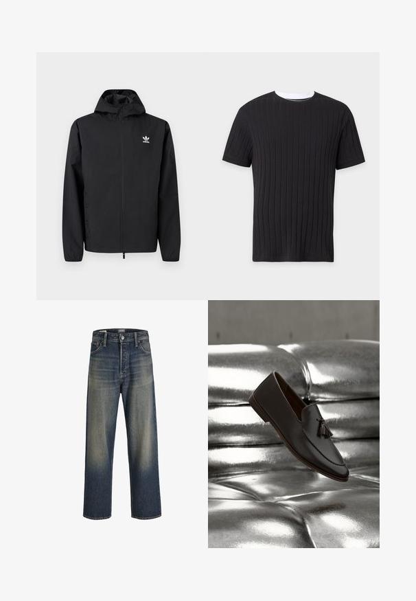 Sort Adidas hættejakke med lynlås, lange ærmer og logo på venstre bryst, vist på en ensartet lys baggrund.; Sort kortærmet ribstrikket t-shirt med hvid rundhalskant, vist på en ensfarvet baggrund.; Bredde ben jeans i mørkeblå denim med en gradient finish, der har en knaplukning, fem lomme-design og strukturerede syninger.; Mørkebrune lædertasselloafers svævende over en skinnende sølvfarvet sofa med tuftet overflade og reflekterende finish.