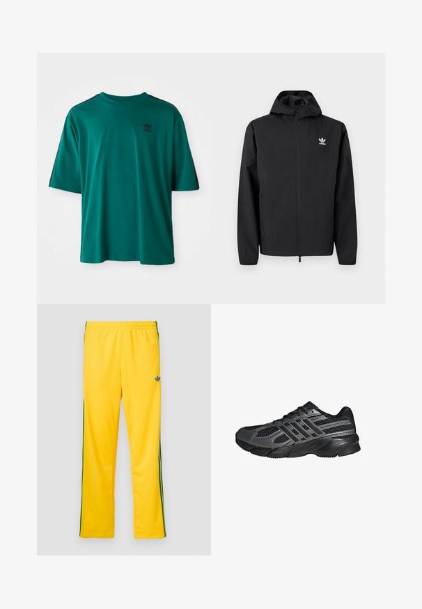 Chaqueta negra con capucha y cremallera de Adidas, con mangas largas y logo en el pecho izquierdo, mostrada sobre un fondo liso claro.; Camiseta de algodón en color verde azulado, con mangas cortas, cuello redondo y rayas laterales negras. Presenta un pequeño logotipo negro en el pecho.; Pantalones deportivos amarillos con cintura elástica, con franjas laterales verdes y un pequeño logo azul en el muslo izquierdo. Textura de tela suave.; Zapatillas deportivas negras hechas de malla y materiales sintéticos, que presentan una superficie texturizada, múltiples rayas grises y un collar acolchado.