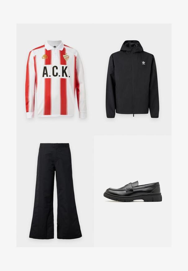 Sort Adidas hættejakke med lynlås, lange ærmer og logo på venstre bryst, vist på en ensartet lys baggrund.; Langærmet polo shirt, hvid med røde lodrette striber, med sort "A.C.K." skrift og guld "Kappa" logo på venstre bryst.; Sorte bredbenede bukser lavet af glat stof, med frontfolder og en talje. Rent design uden synlige mønstre eller dekorationer.; Sort læder loafersko med en bred rem over forfoden, gummisål med tykke mønstre og glat overflade. Klassisk, slankt design.