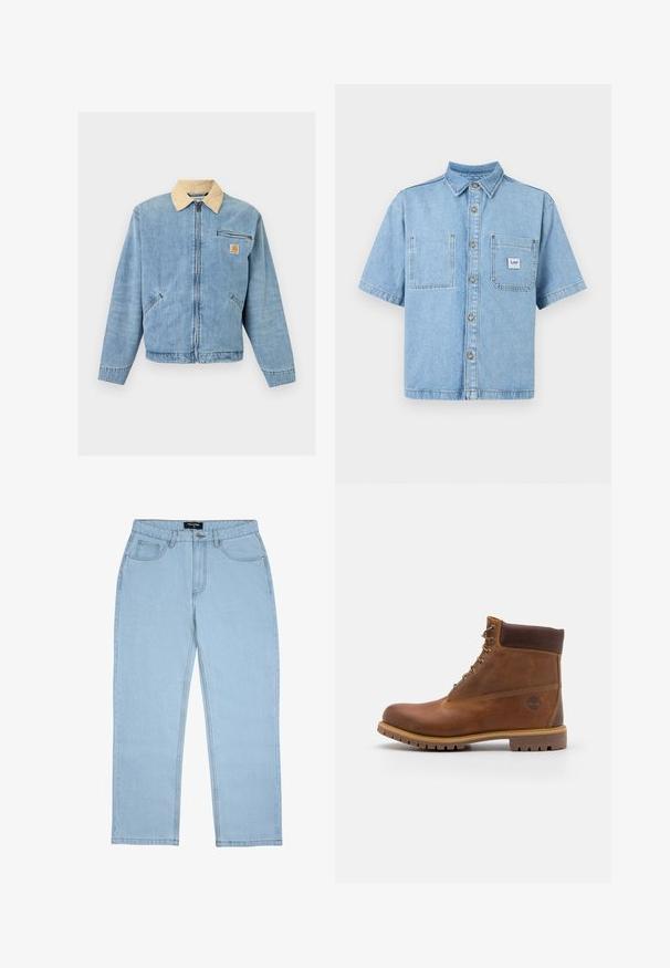 Lichtblauwe spijkerjas met beige kraag, ritssluiting aan de voorkant, twee onderste zakken, horizontale ritssluitingzak en Carhartt-logo op de borst.; Lichtblauw kort mouw denim shirt met knopen aan de voorkant, twee borstzakken en een Lee merkpatch op de rechterzak.; Lichtblauwe jeans met rechte pijpen, voorzakken, riemlussen, knoopsluiting en zichtbare stikdetails.; Bruine leren wandelschoen met een gladde afwerking, gevoerde enkel, metalen oogjes en een rubberen zool met een robuust profiel.