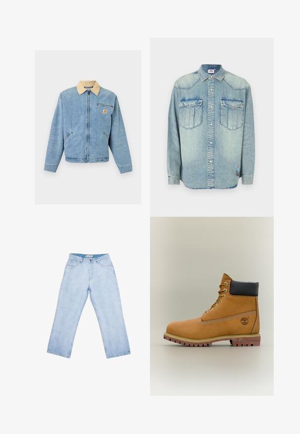 Hellblaue Denim-Jacke mit beigen Kragen, Frontreißverschluss, zwei unteren Taschen, horizontaler Reißverschlusstasche und Carhartt-Logo auf der Brust.; Hellblaues Jeanshemd mit langen Ärmeln, Druckknopfverschluss, spitzem Kragen, zwei Brusttaschen und Markenpatch auf der unteren Seite.; Hellblaue Jeans mit hoher Taille und geradem Bein, vorne Taschen, Gürtelschlaufen, Knopfverschluss und einem gebrandeten Innenetikett am Bund.; Brauner Leder-Stiefelette mit schwarzem Kragen, gelben Schnürsenkeln und hellbrauner Sohle. Verfügt über ein Logo und weiße Ziernähe. Robuste Profilsohle.