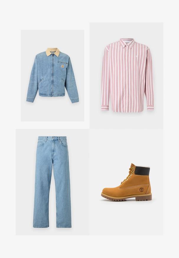 Lyseblå denimjakke med beige krave, lynlås foran, to nederste lommer, vandret lynlåslomme og Carhartt-logo på brystet.; Stribet skjorte med knapper i pink og hvid. Har krave, lange ærmer og et lille logo. Fremstillet af vævet stof.; Lyseblå denimjeans med lige ben, fem lommer, knap- og lynlåslukning samt en let slidt finish.; Brune læder ankelstøvle med metaløjer, hvid pelsforing, sort polstret krave, robust sål og præget logo på siden.