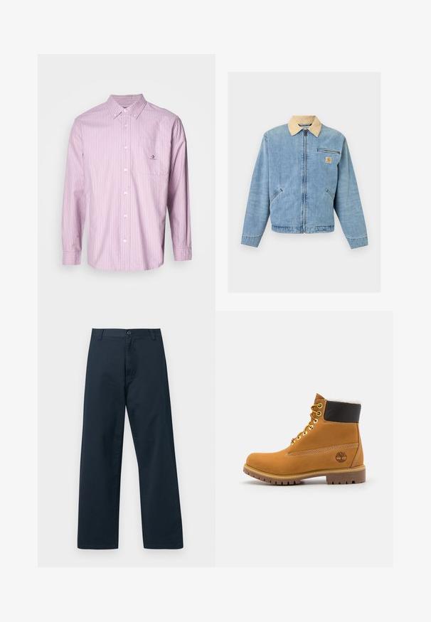 Lyseblå denimjakke med beige krave, lynlås foran, to nederste lommer, vandret lynlåslomme og Carhartt-logo på brystet.; Langærmet skjorte med knapper i lyserød med lodrette hvide striber, lavet af bomuldsstof, krave, forlommer og logo detalje på lommen.; Marineblå vidde bukser med bæltestropper, knaplukning og frontlynlås på hvid baggrund.; Brune læder ankelstøvle med metaløjer, hvid pelsforing, sort polstret krave, robust sål og præget logo på siden.