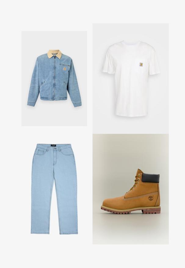 Hellblaue Denim-Jacke mit beigen Kragen, Frontreißverschluss, zwei unteren Taschen, horizontaler Reißverschlusstasche und Carhartt-Logo auf der Brust.; Weißes Baumwoll-T-Shirt mit kurzen Ärmeln, einer Brusttasche und einem kleinen quadratischen Logopatch in Orange und Weiß auf der Tasche.; Hellblaue Jeans mit geradem Bein, Vordertaschen, Gürtelschlaufen, Knopfverschluss und sichtbaren Nahtdetails.; Brauner Leder-Stiefelette mit schwarzem Kragen, gelben Schnürsenkeln und hellbrauner Sohle. Verfügt über ein Logo und weiße Ziernähe. Robuste Profilsohle.