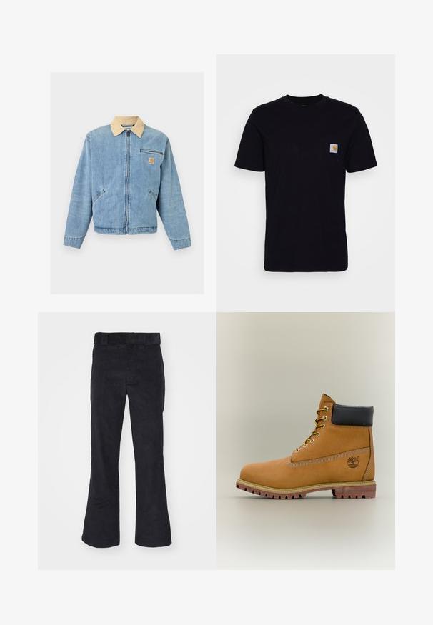 Lyseblå denimjakke med beige krave, lynlås foran, to nederste lommer, vandret lynlåslomme og Carhartt-logo på brystet.; Sort bomulds T-shirt med korte ærmer, rund hals og en brystlomme, der har et lille, kvadratisk logo-patch. Enkel, ensfarvet design.; Sorte kordfløjl bukser med en afslappet pasform, der har en klassisk talje og flagrende ben, blød tekstur og uden synlige mønstre eller detaljer.; Brun læderankelstøvle med sort krave, gule snørebånd og tanfarvet sål. Har logo og hvide syninger som detalje. Robust ydersål med greb.