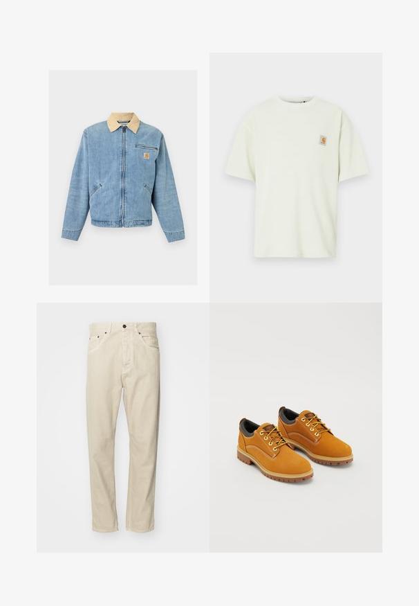 Lyseblå denimjakke med beige krave, lynlås foran, to nederste lommer, vandret lynlåslomme og Carhartt-logo på brystet.; Lysegrøn kortærmet t-shirt i tekstureret stof med afslappet pasform, med et lille firkantet logo på brystet.; Beige, bomuldsbukser med lige pasform, fem lommer og metalhardware detaljer. Glat tekstur med minimale syninger.; Brune ruskindssko med rund tå, gule snørebånd, en polstret sort krave og gummisåler med skridsikre riller.