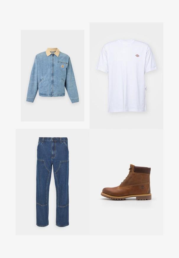 Lyseblå denimjakke med beige krave, lynlås foran, to nederste lommer, vandret lynlåslomme og Carhartt-logo på brystet.; Hvid bomulds t-shirt med v-hals og korte ærmer. Har et lille farverigt broderet logo på venstre bryst. Blød tekstur.; Blå denim jeans med lige ben, frontlappelommer og kontrasterende syninger. Stoffet har en klassisk tekstur og finish.; Brun læder vandrestøvle med en glat finish, polstret ankel, metalliske snørehuller og en gummisål med et robust dækmønster.