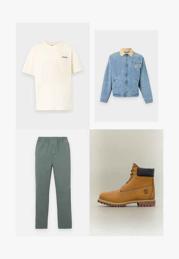 Veste en jean bleu clair avec col beige, fermeture éclair frontale, deux poches basses, poche zippée horizontale et écusson logo Carhartt sur la poitrine.; T-shirt en coton de couleur crème avec manches courtes, arborant un petit logo noir "Dickies" sur le côté gauche de la poitrine. Coupe simple et décontractée.; Pantalon vert en mélange de coton avec une taille élastique, une coupe droite et une texture subtile. Il comprend des poches latérales et une couture centrale.; Bottine en cuir marron avec col noir, lacets jaunes et semelle beige. Présente un logo et des détails de couture blanche. Semelle extérieure à traction robuste.