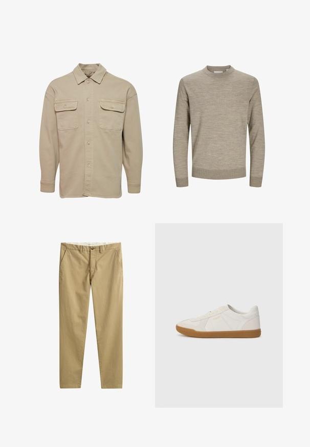 Camisa de botones beige hecha de una mezcla de algodón, con cuello recto, dos bolsillos en el pecho y mangas largas con puños abotonados.; Suéter beige de manga larga con cuello redondo, puños y dobladillo acanalados, exhibido sobre un fondo blanco.; Pantalones casuales beige de pierna recta con bolsillos laterales, trabillas para cinturón, cierre de botón y cremallera, fabricados por la marca GANT.; Zapatilla blanca hecha de cuero suave con suela de goma, con costuras sencillas y un pequeño logo dorado en el lado.