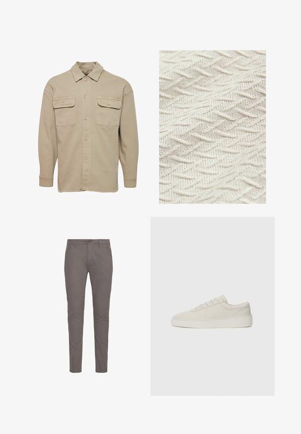 Beige skjorte med knapper lavet af bomuldsblanding, udstyret med spidse kraver, to brystlommer og lange ærmer med knapmanchetter.; Tekstureret stof i cremefarve med et zigzag-mønster og hævede tråde for ekstra dybde og dimension. Letvægts- og blød tekstur.; Grå bomulds chinos med lige pasform, der har knaplukning, standardlommer og minimalistisk design. Glat tekstur og ingen mønstre.; Beige sneakers med en glat ruskindsfinish, rund tå og flad gummisole. Har snørebåndslukning og minimalistisk design med diskret syning.