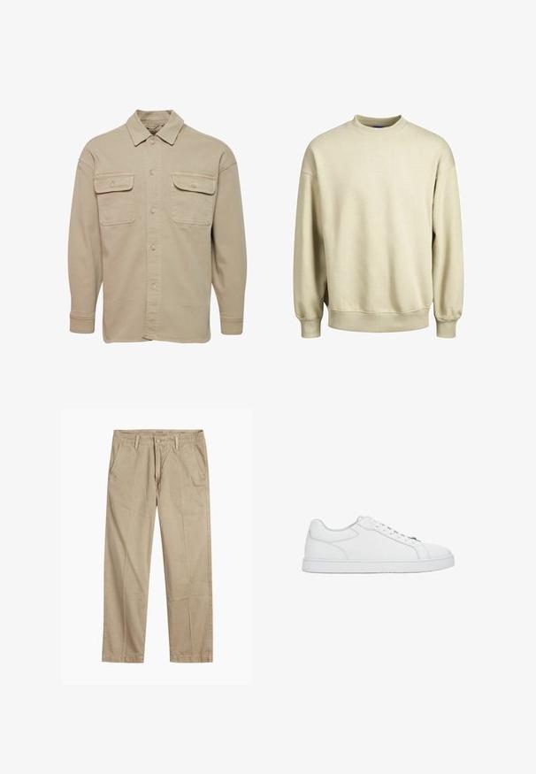 Beige overheadshirt van een katoenmix, met een puntige kraag, twee borstzakken en lange mouwen met knoopmanchetten.; Beige sweatshirt met een ronde hals, lange mouwen en geribde manchetten. Zachte stof met een losse pasvorm en minimalistisch ontwerp.; Beige rechte pijpen chinos met riemlussen, voorkant met knoop en rits sluiting, en schuine voorzakken.; Witte lage leren sneaker met witte veters, gestikte details en een platte rubberen zool, vanaf de zijkant getoond op een effen achtergrond.