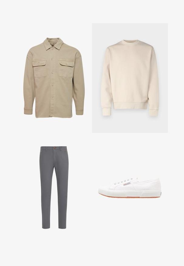 Beige Hemdblusenshirt aus Baumwollmischung mit spitzem Kragen, zwei Brusttaschen und langen Ärmeln mit geknöpften Manschetten.; Hellbeiges Sweatshirt mit rundem Ausschnitt, gerippten Bündchen und Saum. Hergestellt aus weichem Stoff mit glatter Textur. Minimalistisches Design, keine Muster.; Graue Baumwollhosen mit einer taillierten Passform, ausgestattet mit einem Knopfverschluss, normalen Taschen und einer glatten Textur.; Weiße Leinensneaker mit Gummisohle, Schnürdesign und einem kleinen Logolabel an der Seite. Strukturierte weiße Oberseite und braune Außensohle.