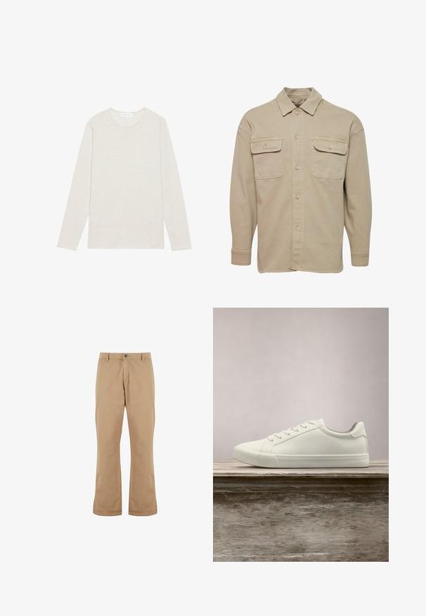 Chemise beige à manches longues en mélange de coton, avec un col pointu, deux poches poitrine et des poignets à boutons.; T-shirt crème à manches longues en tissu tricoté doux. Présente un col rond et une coupe décontractée sans motifs ni accents visibles.; Pantalons en coton beige à coupe droite, dotés d'une fermeture à bouton, de poches avant et d'une texture lisse.; Sneaker en dentelle blanche flottant au-dessus d'un banc en bois avec un feuillage vert en arrière-plan, mettant en valeur le design et la texture de la chaussure.