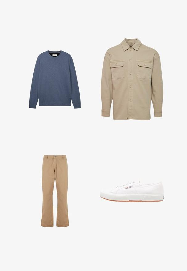 Beige skjorte med knapper lavet af bomuldsblanding, udstyret med spidse kraver, to brystlommer og lange ærmer med knapmanchetter.; Crewneck sweater i mørkeblå, fremstillet af blødt stof med en glat tekstur, der har lange ærmer og ribbede manchetter samt kant.; Beige bomuldsbukser med lige pasform, der har knaplukning, forlommer og en glat tekstur.; Hvide kanvas sneakers med gummisål, snørebåndsdesign og et lille logo mærke på siden. Tekstureret hvid overdel og brun ydersål.