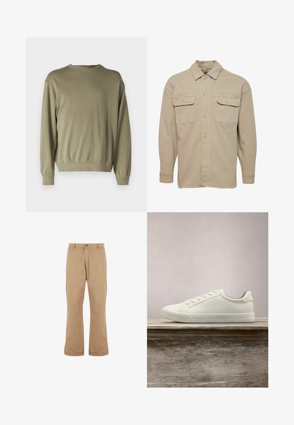 Beige Hemdblusenshirt aus Baumwollmischung mit spitzem Kragen, zwei Brusttaschen und langen Ärmeln mit geknöpften Manschetten.; Olivgrüner Pullover mit langen Ärmeln aus einer weichen Baumwollmischung. Hat einen runden Halsausschnitt und gerippte Bündchen mit einer lockeren Passform.; Beige Baumwollhosen mit geradem Schnitt, ausgestattet mit einem Knopfverschluss, Vordertaschen und einer glatten Textur.; Weiße Schnürsneaker, die über einer Holzbank mit grünem Laub im Hintergrund schweben und das Schuhdesign sowie die Textur zeigen.