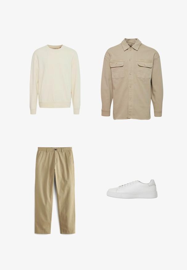 Beige skjorte med knapper lavet af bomuldsblanding, udstyret med spidse kraver, to brystlommer og lange ærmer med knapmanchetter.; Lys beige sweatshirt, rund hals, lange ærmer, blød stof, ribbede manchetter og kant, sidesplitter for lettere bevægelse, minimalistisk design.; Beige bukser lavet af en bomuldsblanding, med knaplukning, to forlommer og lige ben med minimal tekstur.; Hvide sneakers lavet af glat læder med afrundet tå, syede detaljer og flad gummisål. Minimalistisk design med snørebånd.