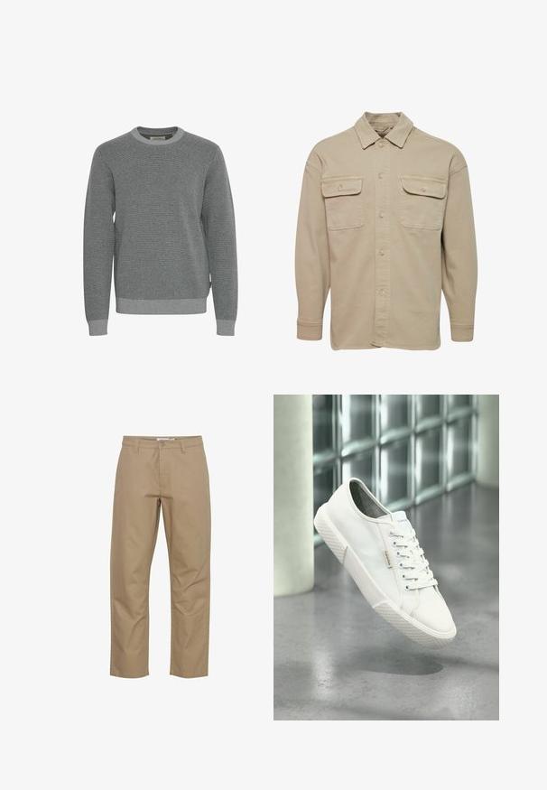 Beige skjorte med knapper lavet af bomuldsblanding, udstyret med spidse kraver, to brystlommer og lange ærmer med knapmanchetter.; Grå striktrøje med rund halsudskæring, lange ærmer og ribbede manchetter. Har en struktureret stof og et subtilt mønster hele vejen igennem.; Beige bomuldsbukser med lige ben-design, der har en frontknap og lynlås lukning, sidelommer og et rent finish.; Hvid Calvin Klein lavt sneakers med snørebånd, gummisål og logo-tag, svævende over gråt poleret gulv nær glasblokvæg.
