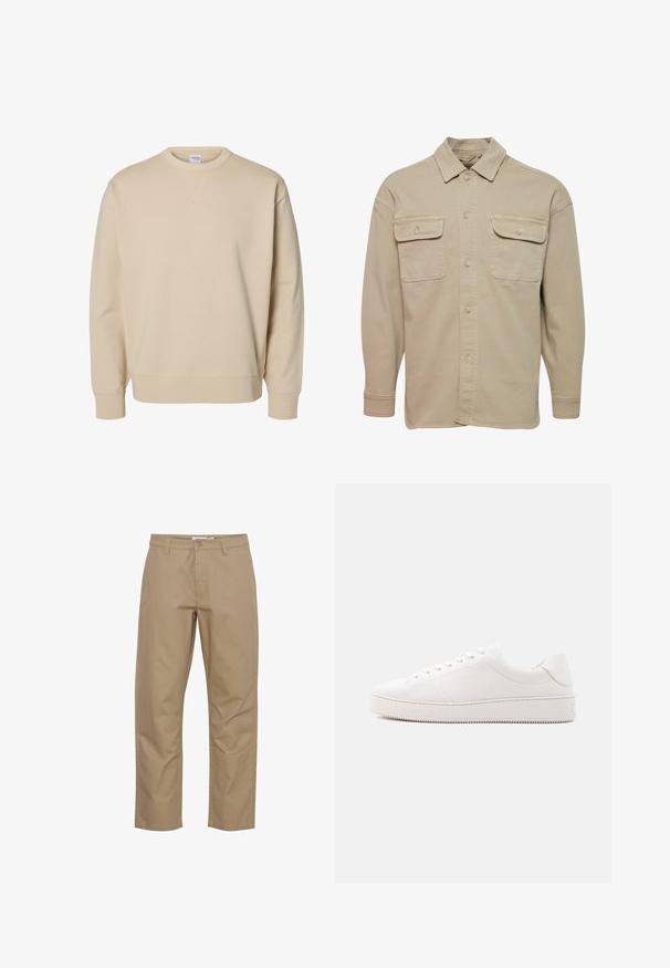 Beige overheadshirt van een katoenmix, met een puntige kraag, twee borstzakken en lange mouwen met knoopmanchetten.; Beige sweater met ronde hals, lange mouwen, geribde boorden en zoom, en een klein gestikt V-detail onder de kraag.; Beige katoenen broek met een rechte pijp, voorzien van een knoop- en ritsluiting aan de voorkant, zijzakken en een nette afwerking.; Witte lederen sneaker met een gladde afwerking, ronde neus, vetersluiting met zes veteroogjes en een rubberen zool met structuur. Minimalistisch ontwerp zonder patronen.