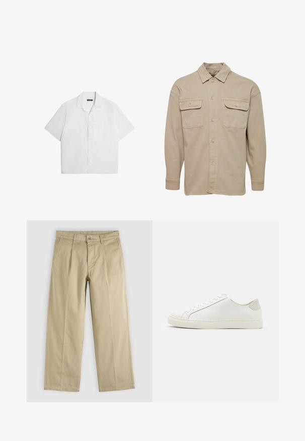 Chemise beige à manches longues en mélange de coton, avec un col pointu, deux poches poitrine et des poignets à boutons.; Chemise blanche à manches courtes, texture douce, devant à boutons, col étalé, poche poitrine simple, design décontracté et ample. Unie sans motifs.; Pantalon beige droit avec plis sur le devant, passants pour ceinture, poches latérales et fermeture par bouton à la taille.; Baskets en cuir blanc avec une surface lisse, bout rond et design minimaliste. Présentent des accents beiges sur le talon et une semelle en caoutchouc.