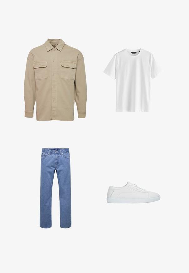 Beige Hemdblusenshirt aus Baumwollmischung mit spitzem Kragen, zwei Brusttaschen und langen Ärmeln mit geknöpften Manschetten.; Einfaches weißes T-Shirt mit kurzen Ärmeln und Rundhalsausschnitt aus glattem Stoff und einem schwarzen Etikett am Kragen.; Jeans aus blauem Denim mit geradem Bein, vorn mit Knöpfen und Reißverschluss, Gürtelschlaufen sowie Taschen vorne und hinten.; Weißer niedriger Sneaker mit Schnürdesign, glattem Lederobermaterial und flacher Gummisohle, seitlich auf weißem Hintergrund dargestellt.